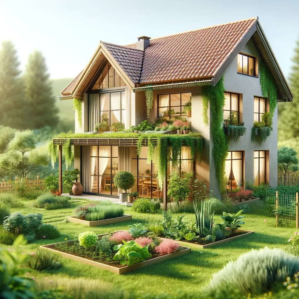 Eine Darstellung eines gesunden Hauses mit vielen grünen Pflanzen