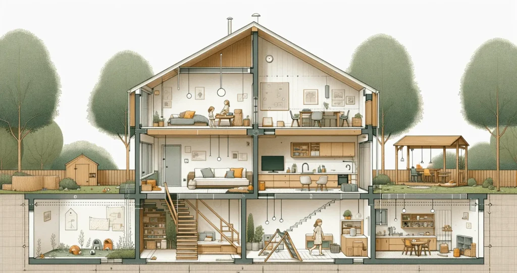 Querschnitt eines Hause zur Visualisierung der Wohngifte und Schadstoffe