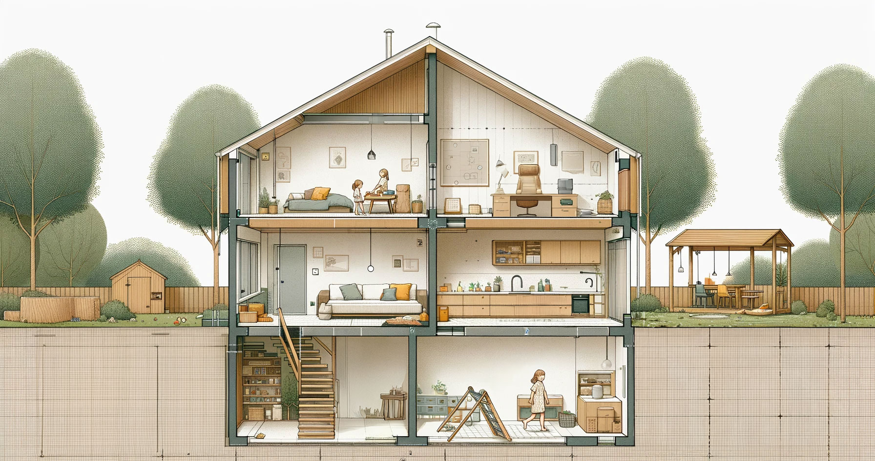 Querschnitt-Haus, Schadstoffe und Elektrosmog Quellen sind eingezeichnet